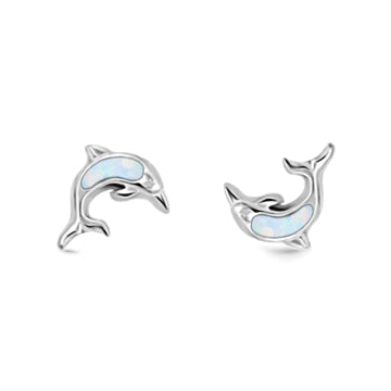 Dolphin Stud Earrings Lab Created White Opal 925 Sterling Silver